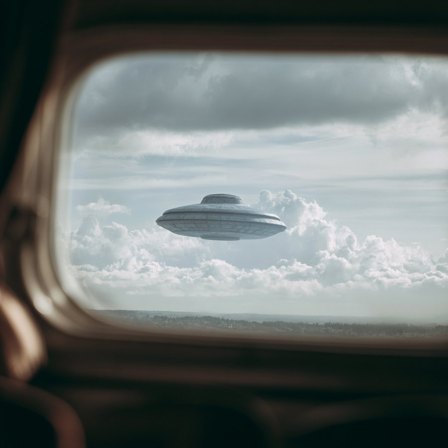 A UFO with a rounded shape and a flat base hovering amidst fluffy clouds, viewed through an airplane window.