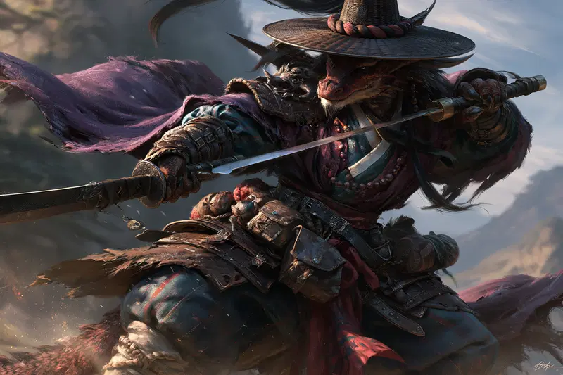 Intricate Fantasy Warrior Dragon in Joseon-era Combat Pose