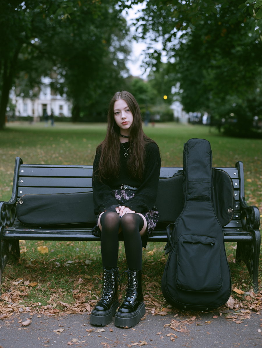 A teenage girl with long dark hair sits on a park bench, dressed in goth attire, with a guitar case beside her. The park is leafy and serene with no other people around.