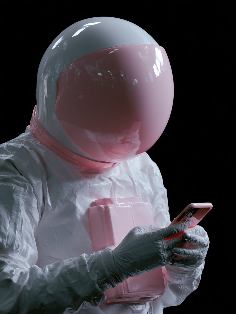 A spaceman in a white spacesuit with a glossy light pink helmet holding a phone against a black background.