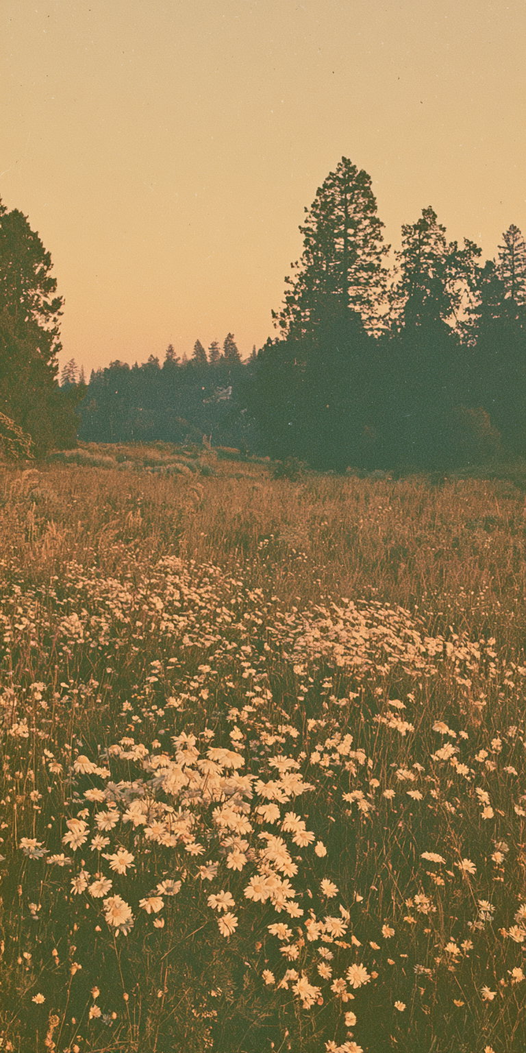 A field of wildflowers under a sunset sky, with dark green trees in the background.