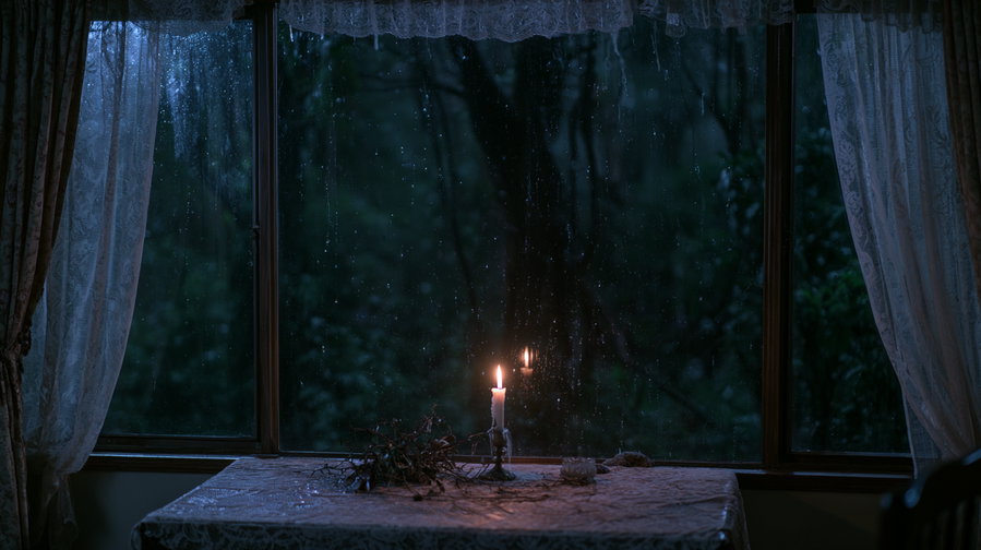 A dimly lit table with a candle and decorative items, viewed through rain-streaked windows surrounded by curtains, creating a cozy atmosphere.