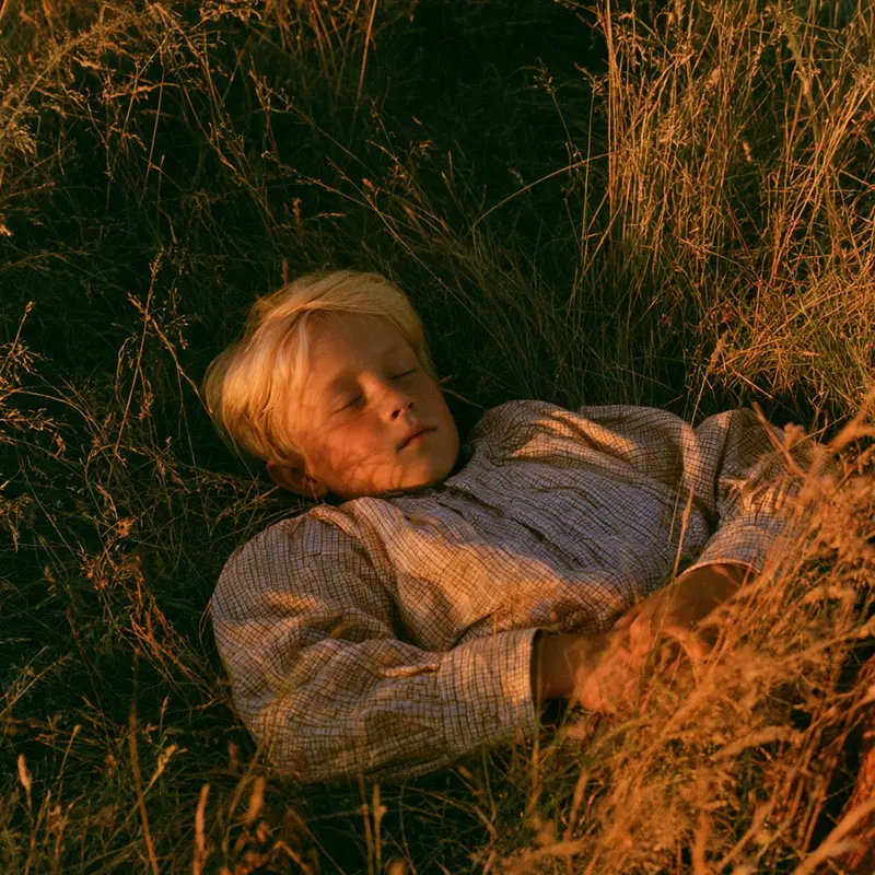 Child Relaxing in Tall Grass During Golden Hour