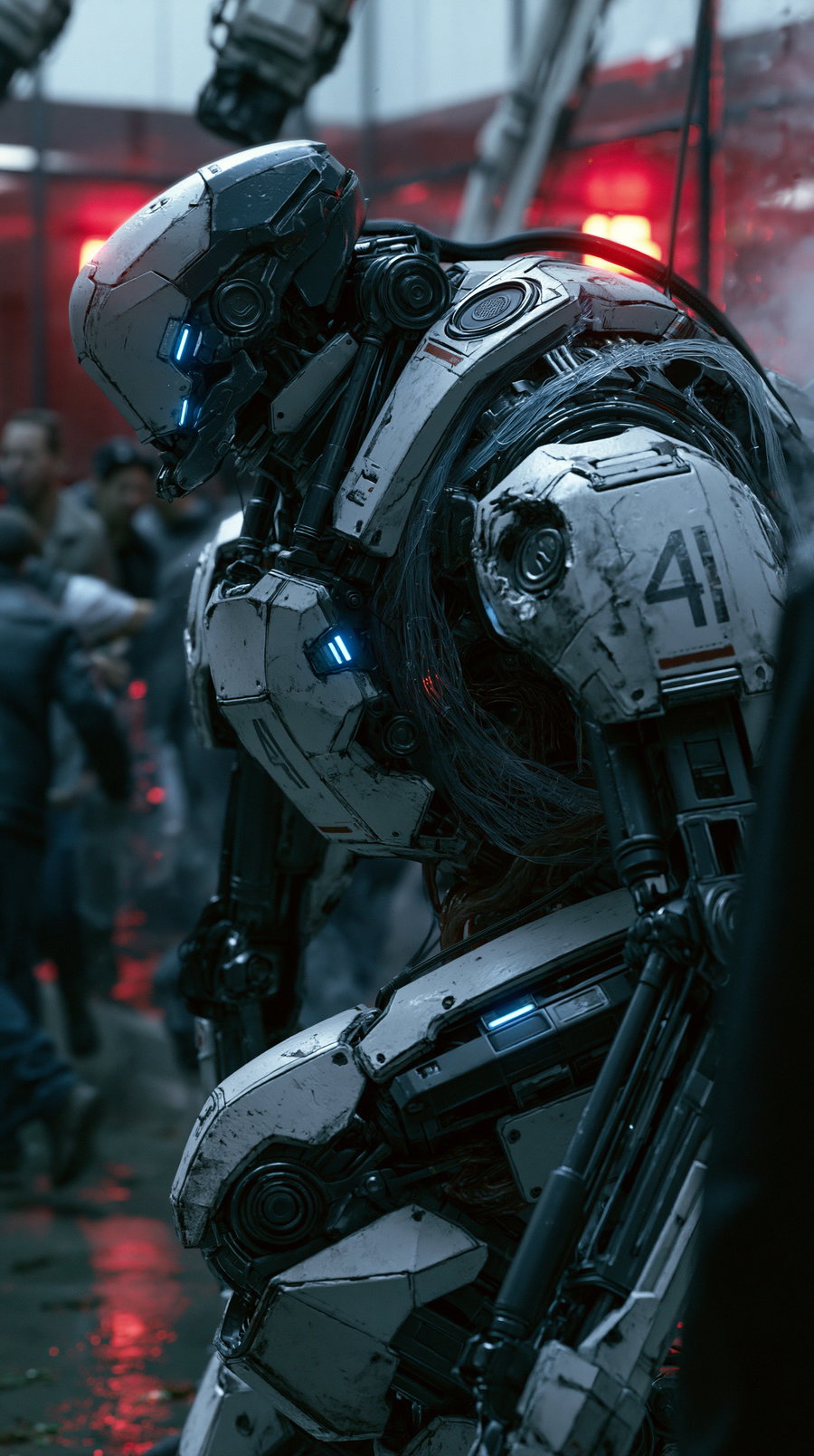 A biomechanical robot with gray and white armor, blue training ID lights, and visible collision damage. It's kneeling inside an emergency hospital setting, surrounded by a fleeing crowd, with cold lighting and red emergency reflections.