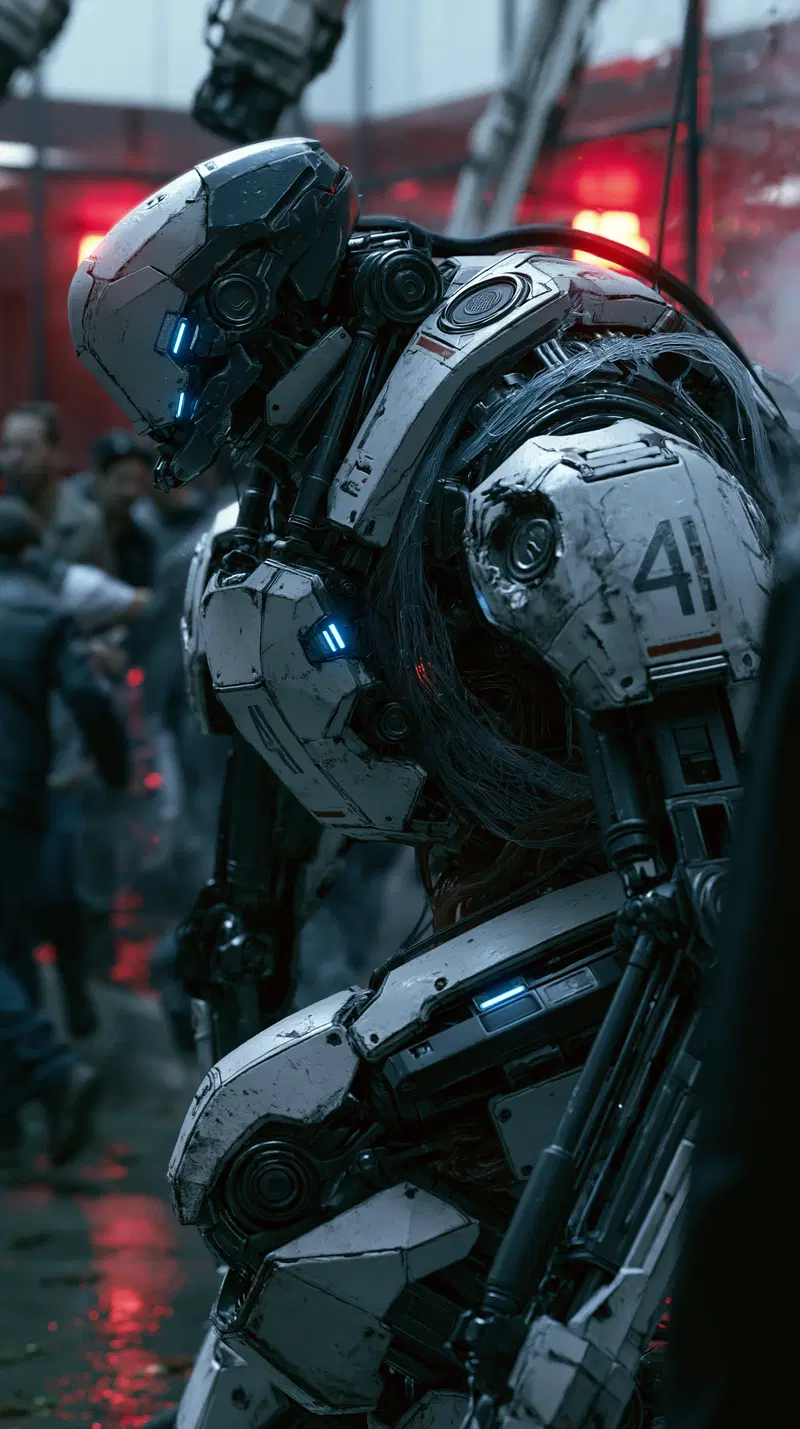 Futuristic Military Biomechanical Sentinel in Urban Siege Drama