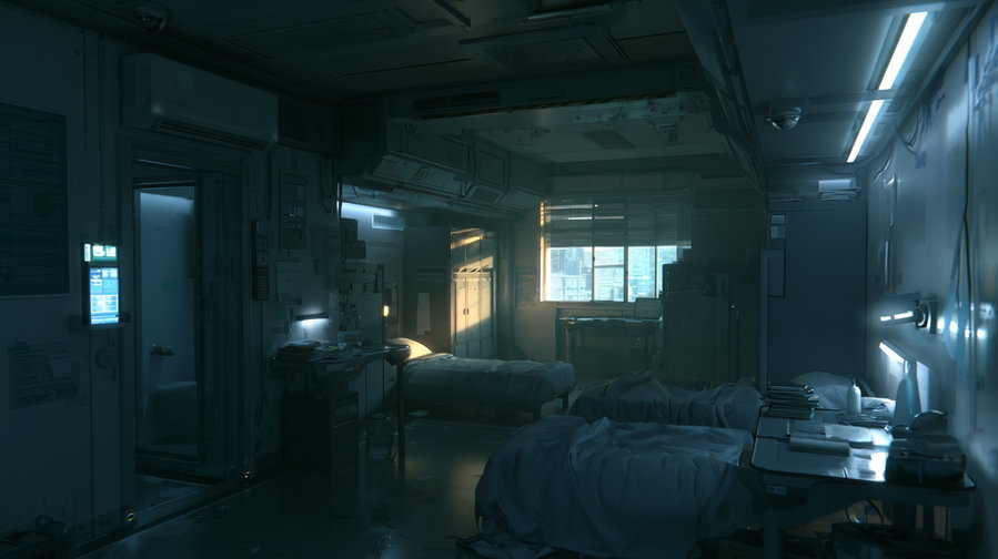 A dimly lit, cramped two-person high school dorm room featuring two single beds and desks. The room contains a visible private bathroom entrance and a window revealing warm afternoon light. The interior has cool tones, with shadows obscuring most of the space and warm light outlining furniture edges.