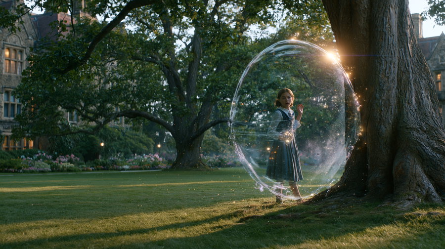 A young female student practicing a defensive spell under an old tree on a grassy lawn of a magical academy, with stone buildings in the background. A thin, unstable glowing shield forms around her hand, while warm light filters through the scene.