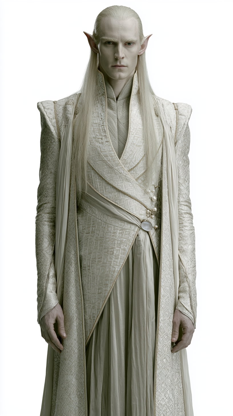 A tall, handsome young male elf with platinum blond hair and pointed ears, wearing a luxurious asymmetrical royal court coat in muted colors, standing front-facing with a calm expression.