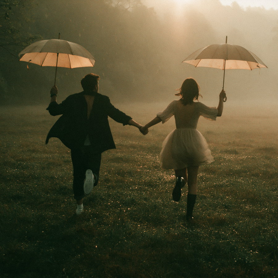 A bride and groom running hand in hand across a lush green field. They hold umbrellas, with a soft misty atmosphere and warm golden sunlight breaking through. The groom wears a black jacket and white sneakers, while the bride wears a short mini wedding dress and black rubber boots.