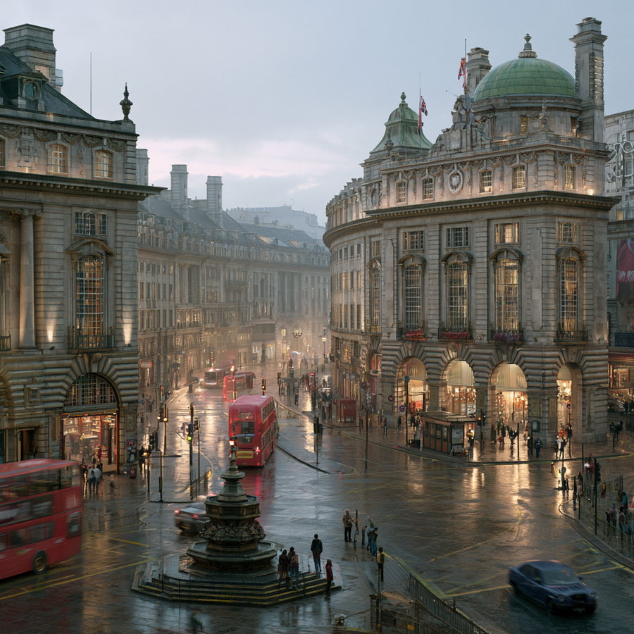 A foggy evening scene of Piccadilly Circus, featuring double-decker buses, wet streets reflecting lights, and historic buildings under a cloudy sky.