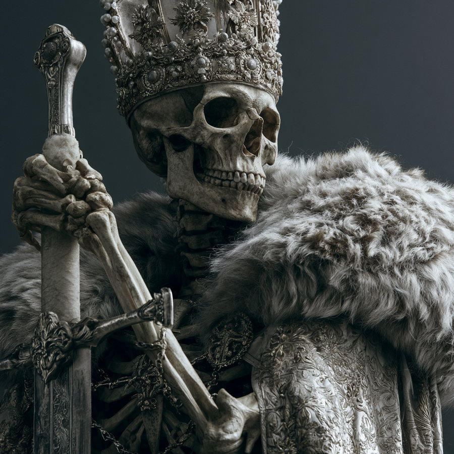 A detailed king skeleton with a crown and sword, wearing a furry cape, posed elegantly.