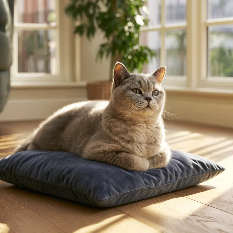 Luxurious British Shorthair Cat Relaxing in Sunlit Room