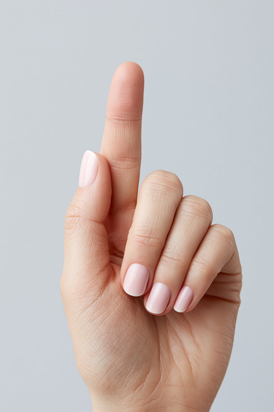 A close-up view of a single hand with elegant fingertips and soft nails against a light gray background, showcasing fine skin lines in high detail.