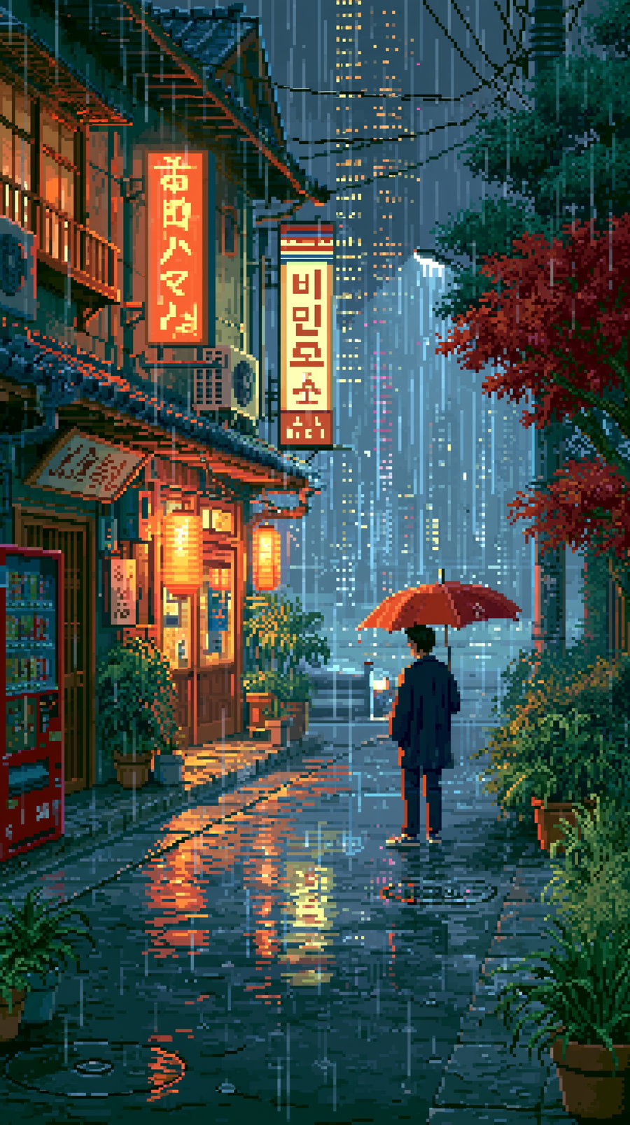 A pixelated scene depicting a boy with an umbrella walking on a rainy street, surrounded by neon signs and glowing reflections on the wet pavement.