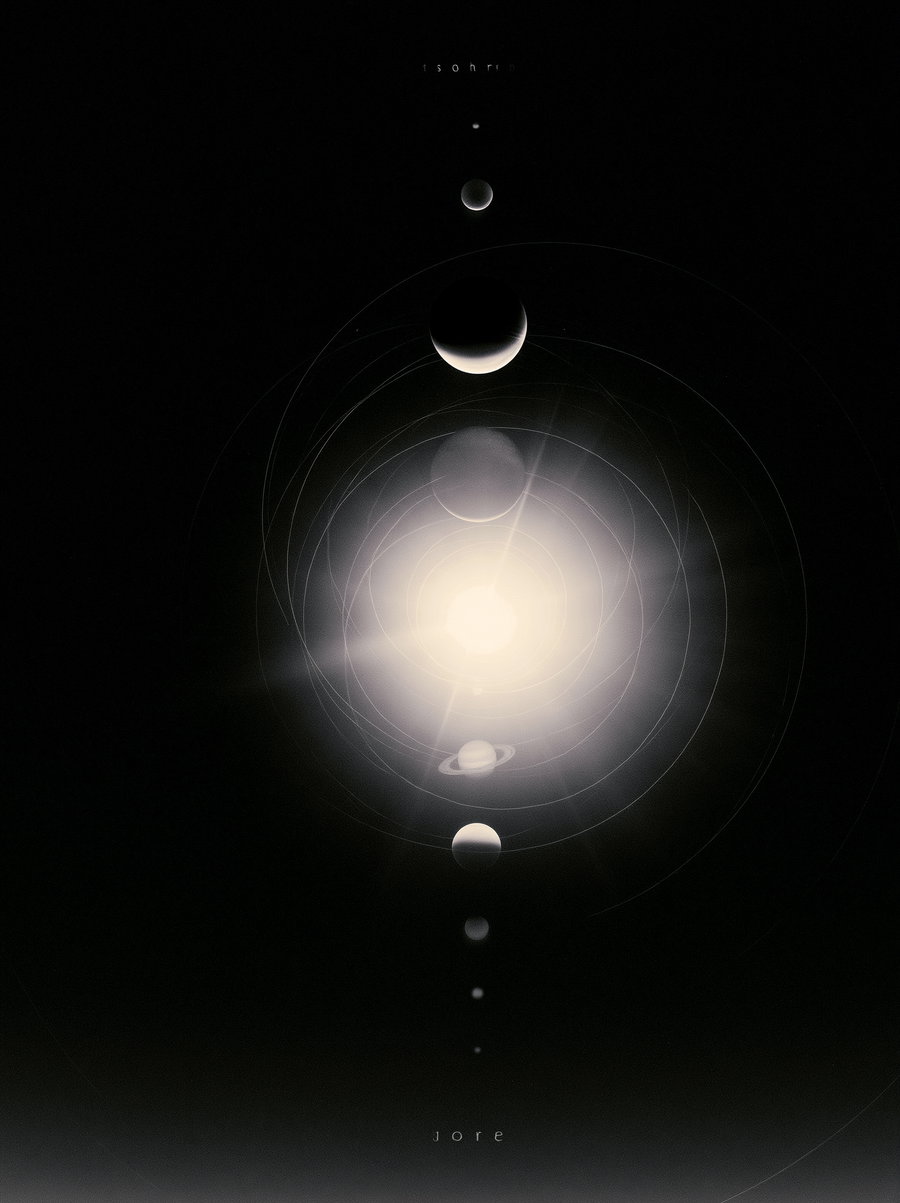 A series of planets arranged in a line orbiting around a bright sun, set against a dark cosmic backdrop.