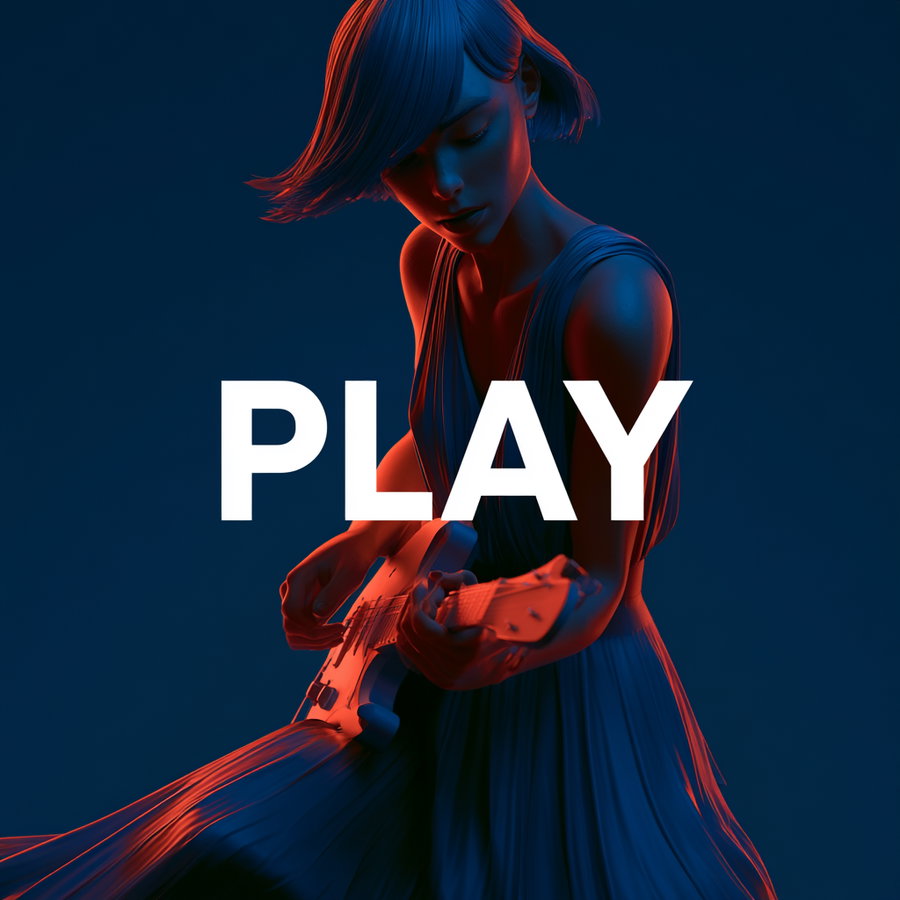 A stylized human figure with short hair, wearing a flowing dress, playing an electric guitar against a dark blue background