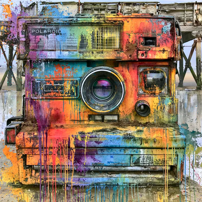 Colorful Artistry of a Polaroid Camera Surrounded by Splashes