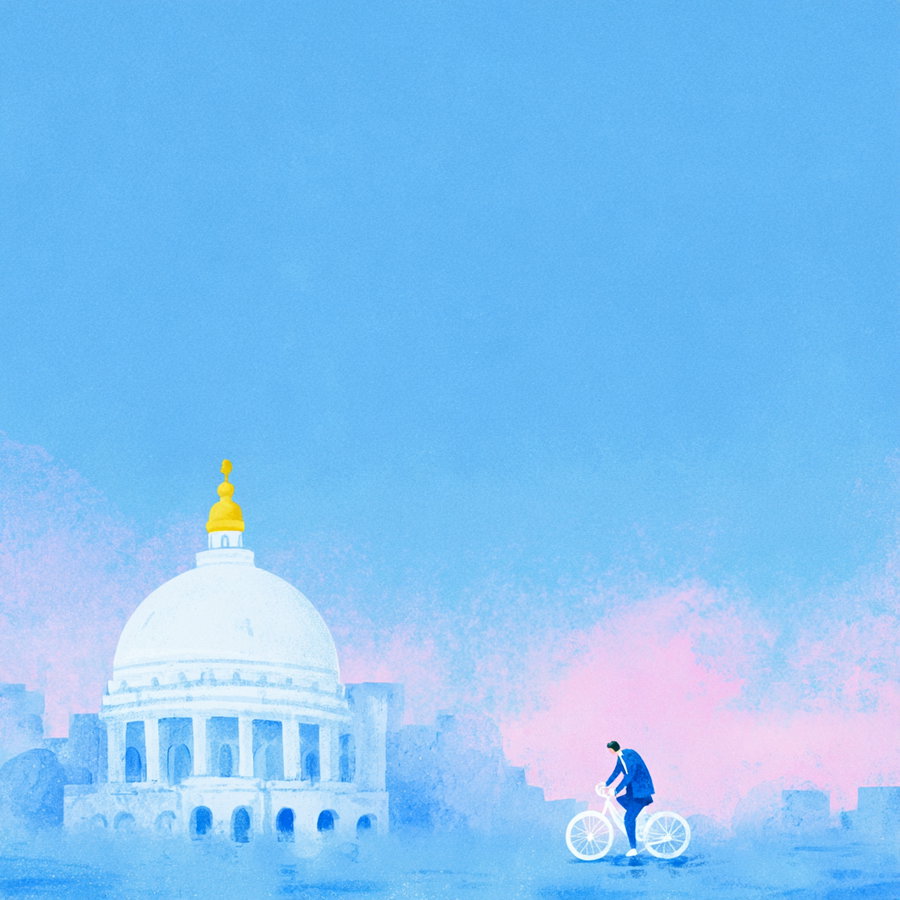 A minimalist illustration depicting a cyclist riding past a dome-shaped monument against a soft, pastel blue background.