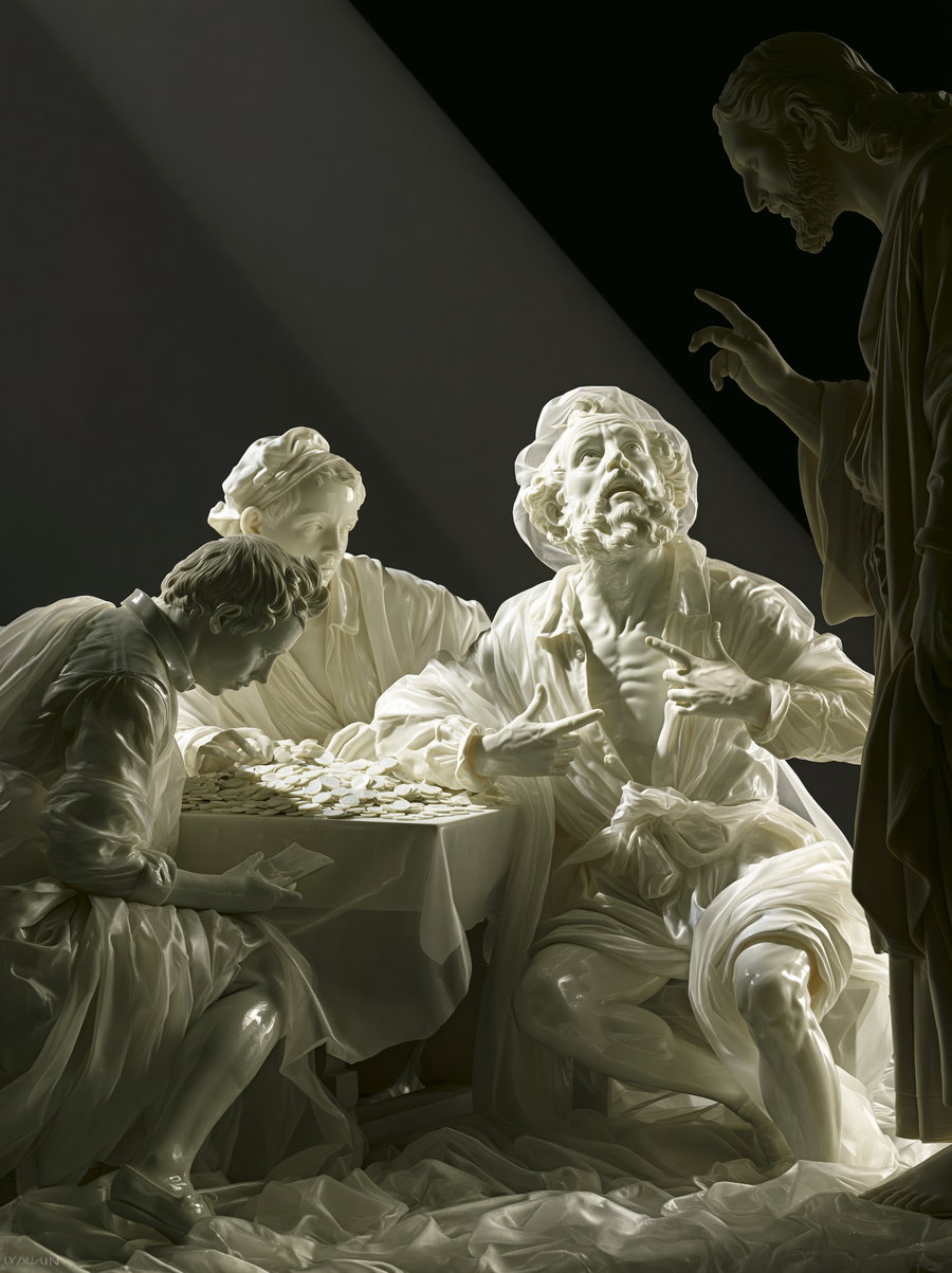 Translucent alabaster figures in a dark void, depicting a tax collector at a coin table, surprised expression, with a light beam illuminating their faces.