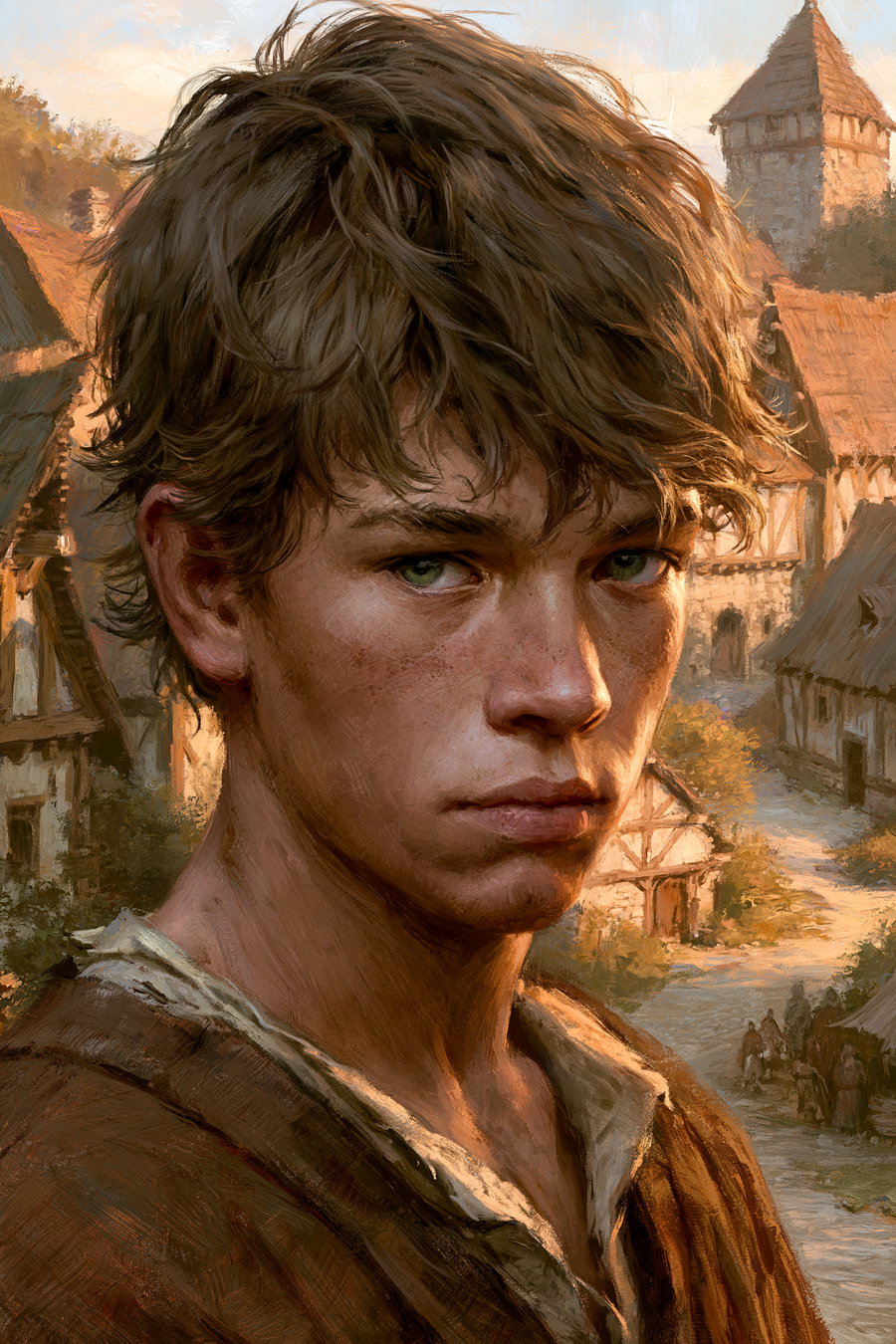 A young male with tousled brown hair and light green eyes, wearing a brown outfit, stands against a backdrop of quaint village houses in a soft, warm atmosphere.