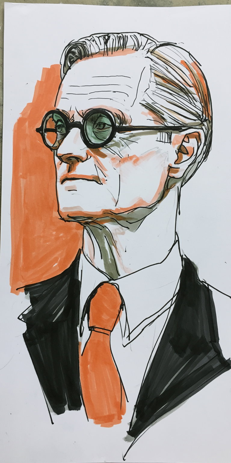 A portrait illustration of a man with round glasses and a side parting, wearing a suit and tie, against an orange background.