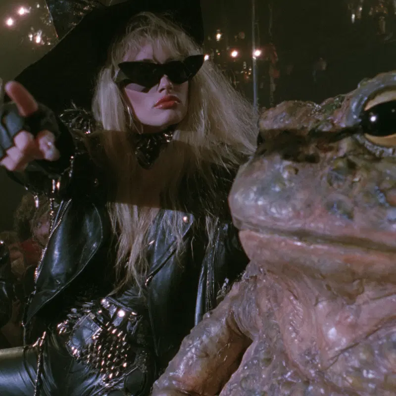 Heavy Metal Rocker with a Giant Frog in a Horror Scene
