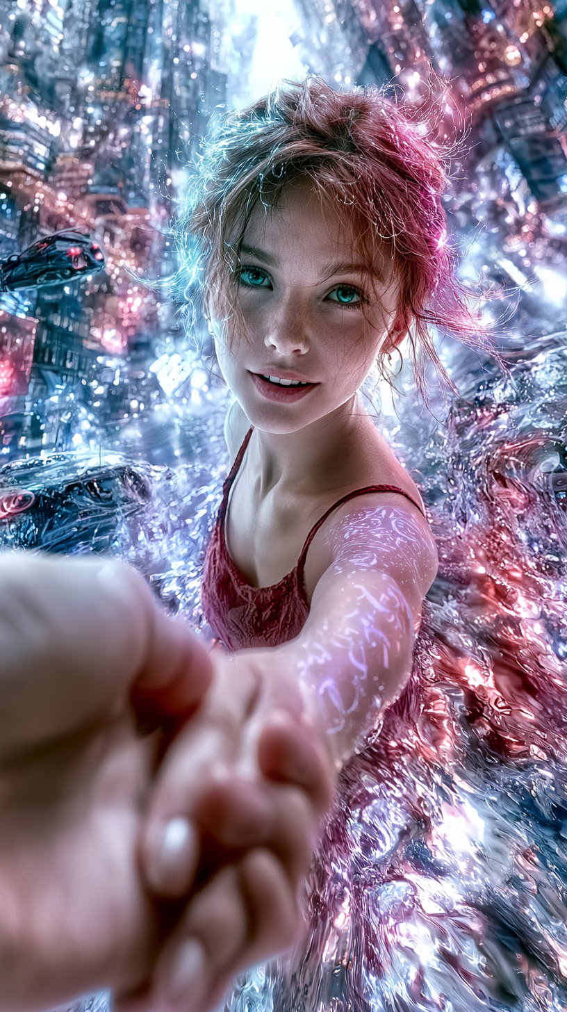 A radiant young woman with aqua green eyes and glowing fiber-optic hair reaches out to the viewer, surrounded by a melting futuristic cityscape with skyscrapers and flying cars reflected in liquid light.
