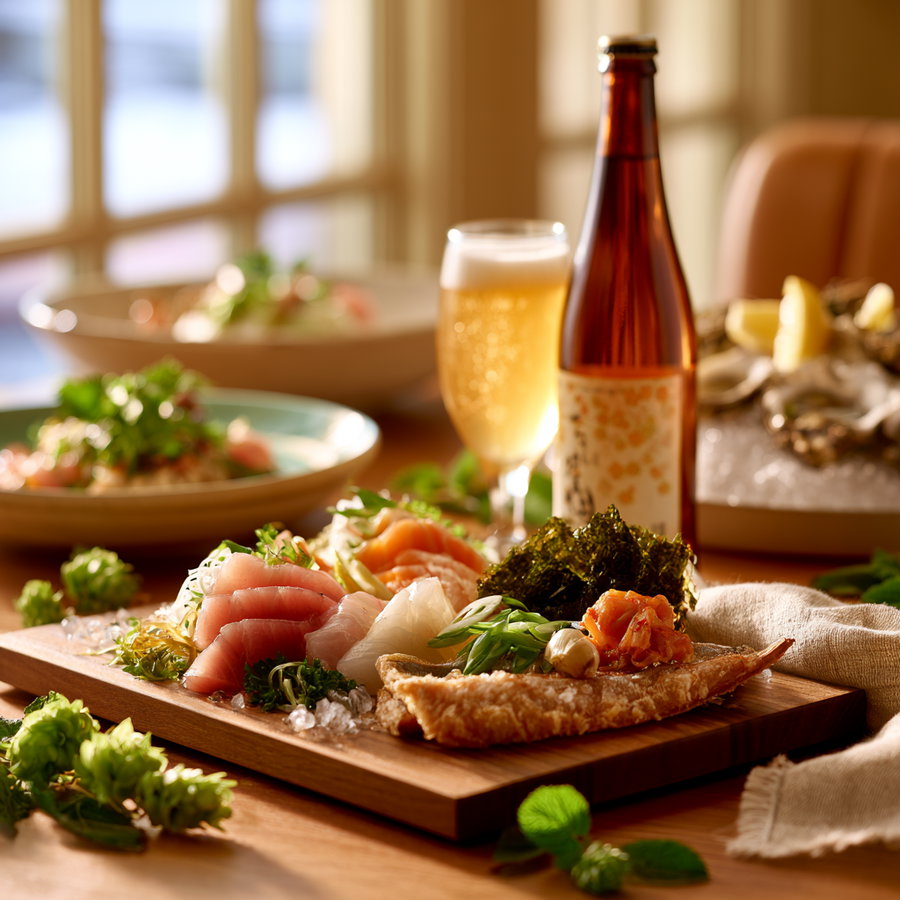 An elegant wooden dining table set with a premium Korean makgeolli bottle, a glass of hazy golden makgeolli, and a variety of sashimi including tuna, salmon, and white fish, garnished with herbs and traditional sides like gwamegi, dried laver, and kimchi, alongside freshly shucked oysters on ice with lemon wedges.