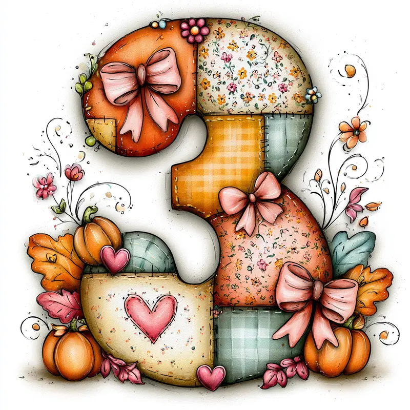 Hand-Painted Fall Themed Number 3 with Floral and Pumpkin Accents