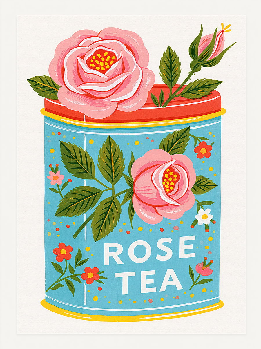 A blue tea tin labeled 'ROSE TEA' with a large rose bloom and green leaves, styled in mid-century folk art.