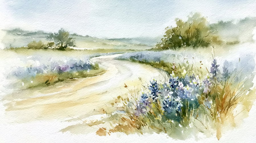 A winding country road through a field of blooming bluebonnets, with soft hills and live oak trees in the distance under a pale blue sky.