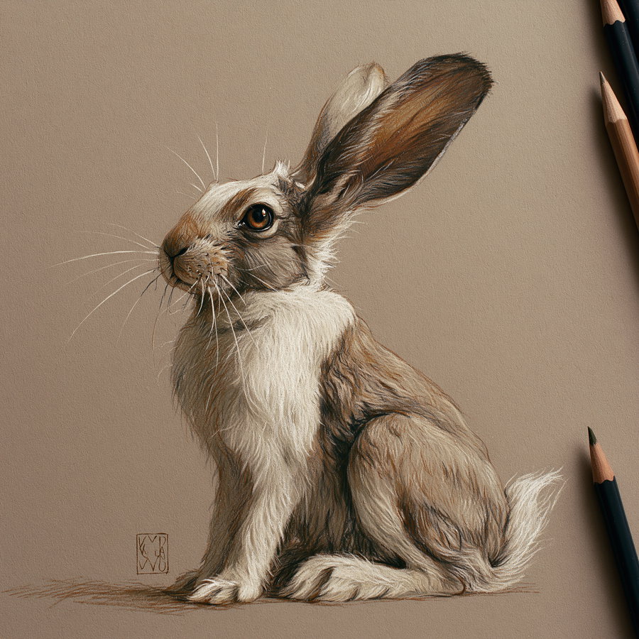 A detailed illustration of a rabbit in profile, with light brown and white fur, sitting on a smooth beige background, surrounded by colored pencils.