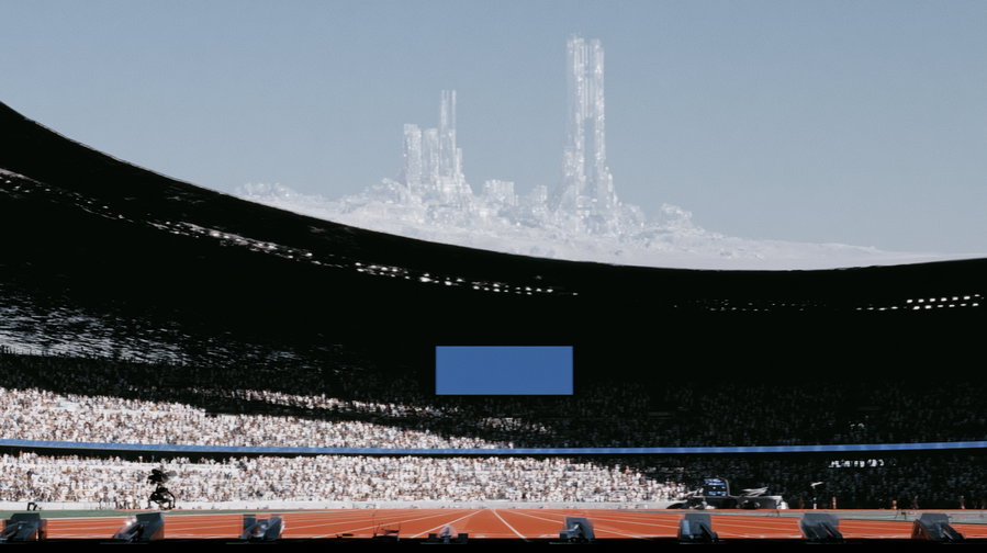 High-angle view of a futuristic Olympic sprint stadium with a red track, chrome structures, and grandstands filled with spectators under bright sunlight. Holographic scoreboards and city towers are visible in the background.