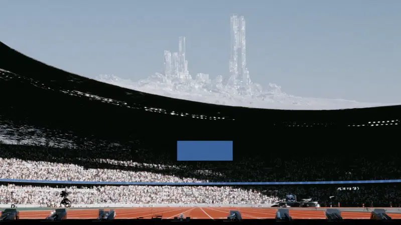 Futuristic Cyberpunk Olympic Sprint Stadium View with Holographic Displays