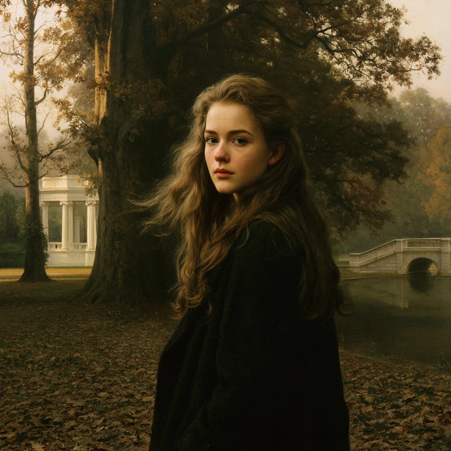 A young woman with light brown hair in a black wool coat stands in an autumn park, surrounded by fallen leaves and large old trees with warm earthy colors. In the background, a classical white pavilion and stone bridge beside a calm pond are softly visible.