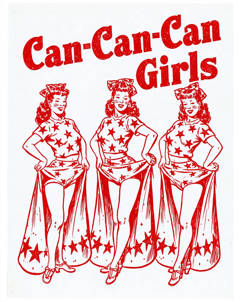 Charming Can-Can Girls Red Ink Graphic with Vintage Circus Vibes