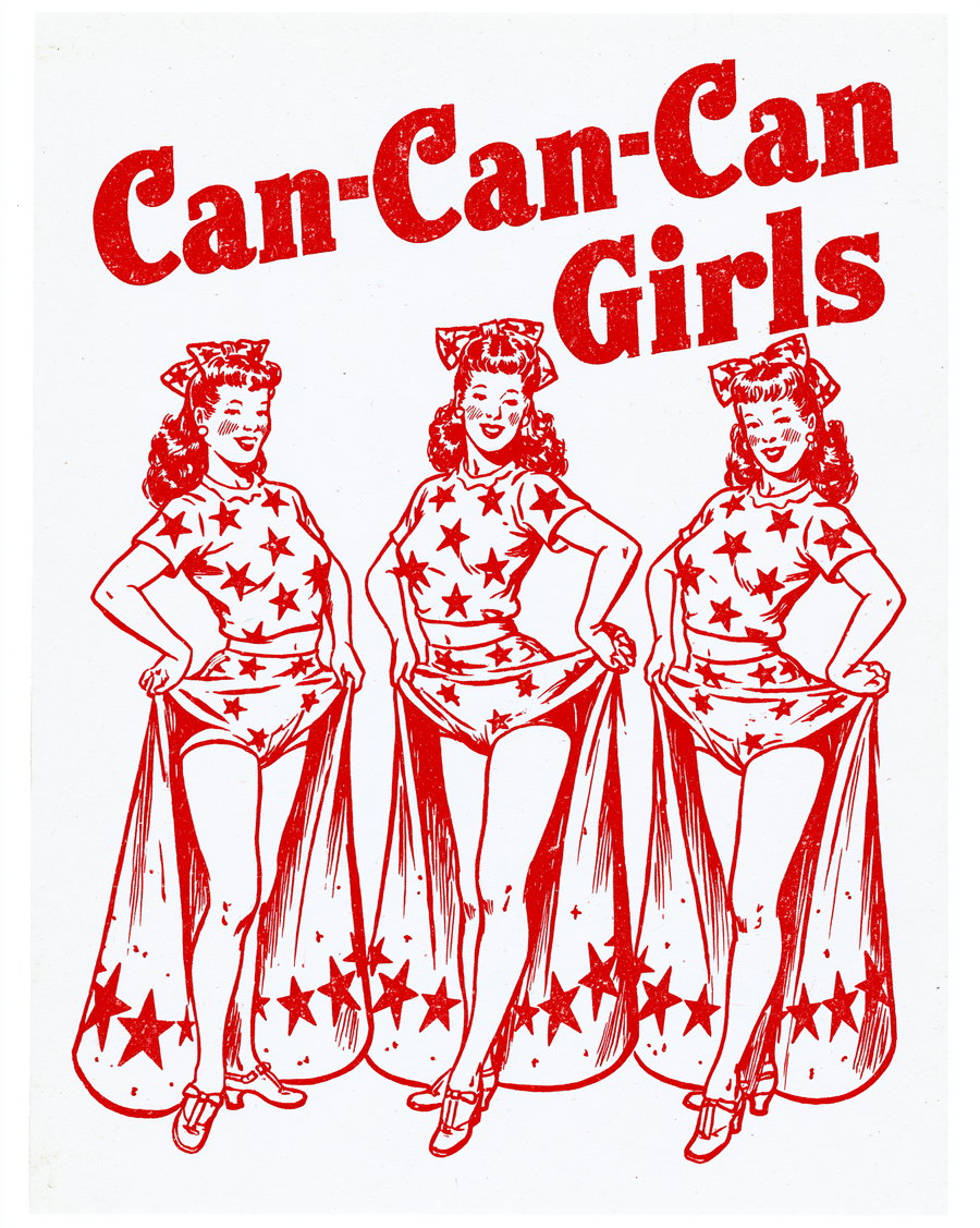 Flat graphic of three identical dancing girls in can-can costumes, with red ink stars and 'Can-Can Girls' text above.