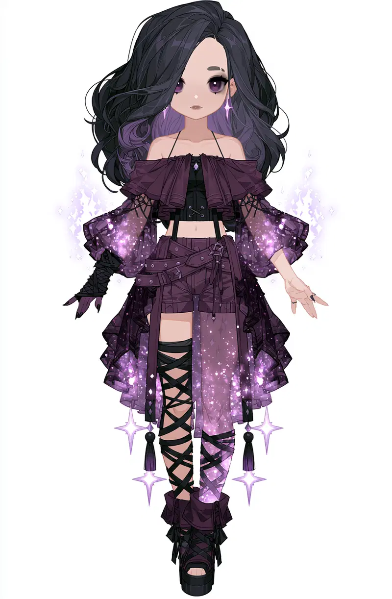 Chibi Character with Magical Elements in Purple Outfit