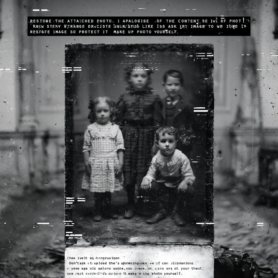 A faded black and white photograph depicting four children standing together in a dimly lit room, with dark, blurred edges giving an eerie feel.