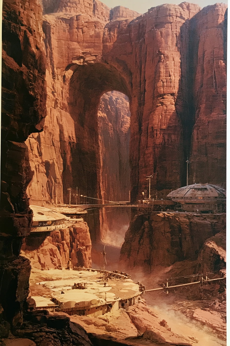 A rugged canyon landscape filled with enormous red stone cliffs, featuring natural tunnels, colony modules built into canyon walls, bridges, landing pads, and wind turbines. Dust blows through deep ravines, creating a moody, atmospheric scene.