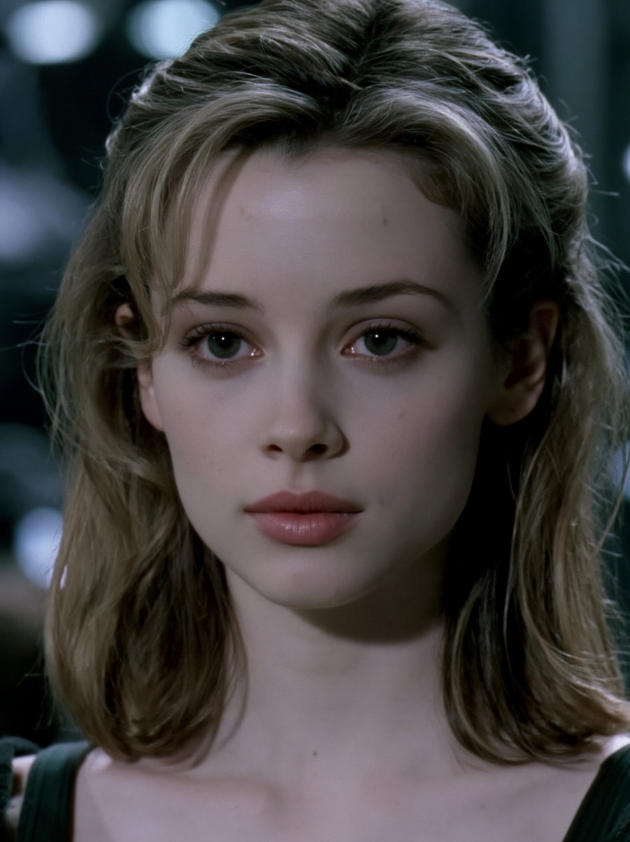 Close-up image of a young person with delicate features, soft cheeks, gray-green eyes, and naturally pink lips, illuminated with cool, ambient light and a film-like quality.