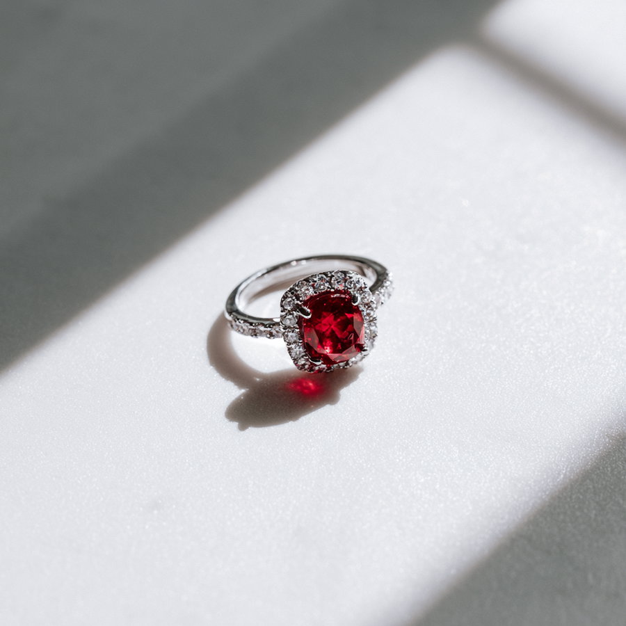 A ruby diamond ring delicately placed on a classic white table, illuminated by soft light casting shadows.