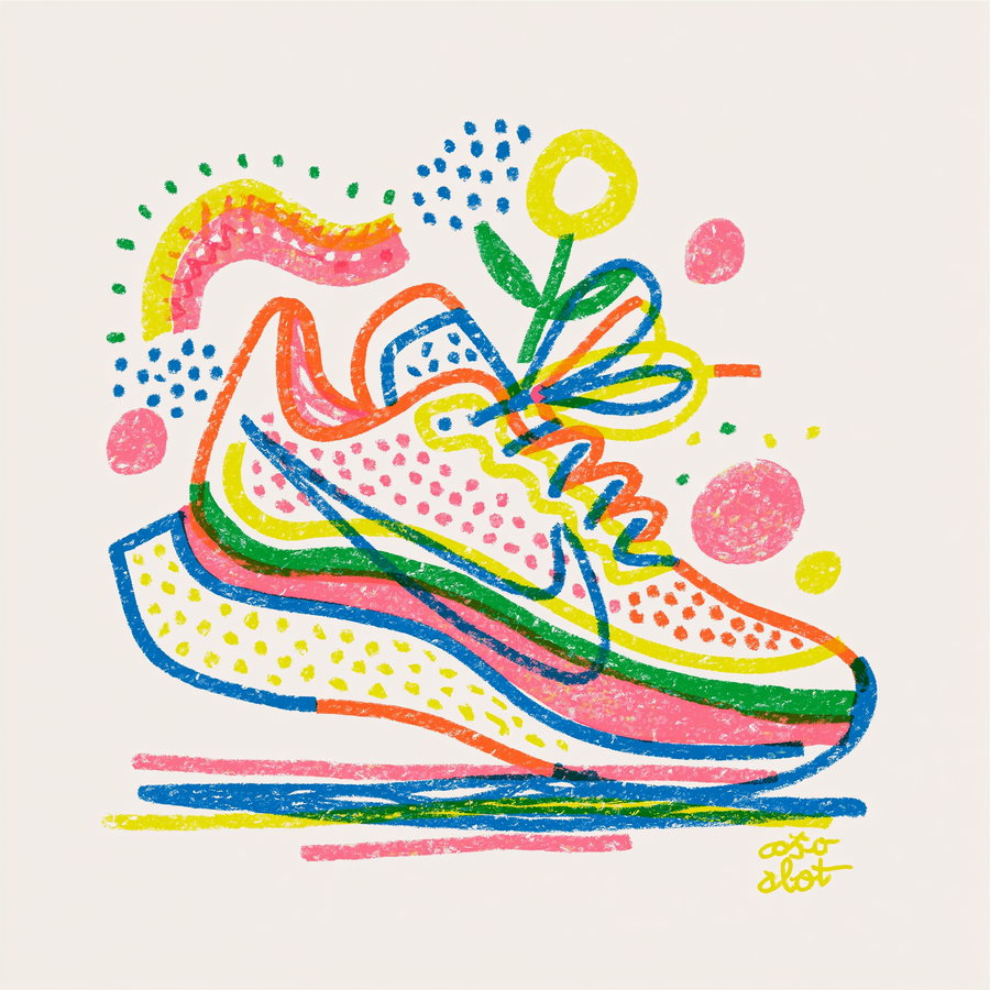 A vibrant, stylized drawing of a running shoe featuring rainbow colors and floral motifs.