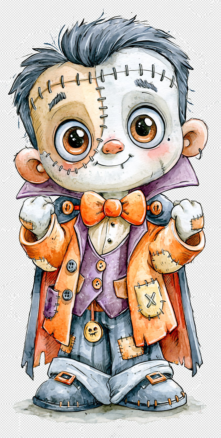 A cartoon illustration of a vampire with a stitched face, wearing a retro Halloween outfit in orange and violet, featuring big expressive eyes and a playful vibe.