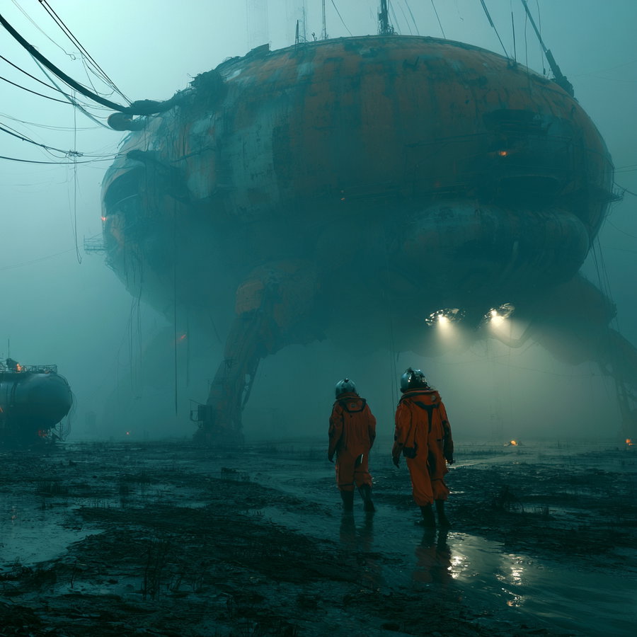 Two figures in orange space suits walk through a misty, muddy landscape with large, industrial structures in the background.