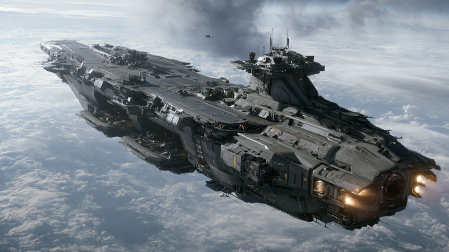 A large, futuristic fleet carrier spaceship is flying above a cloudy planet, showcasing intricate details and a realistic design.