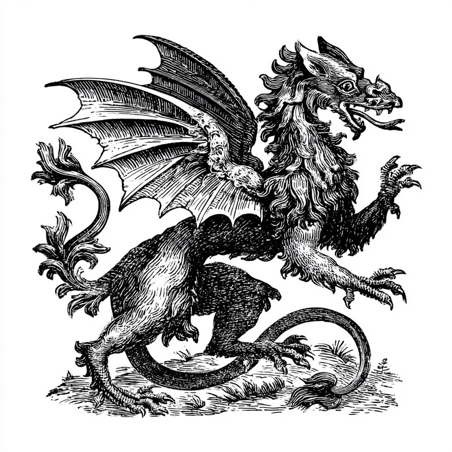 An intricately detailed black and white illustration of a Scottish dragon with wings and a fierce expression.