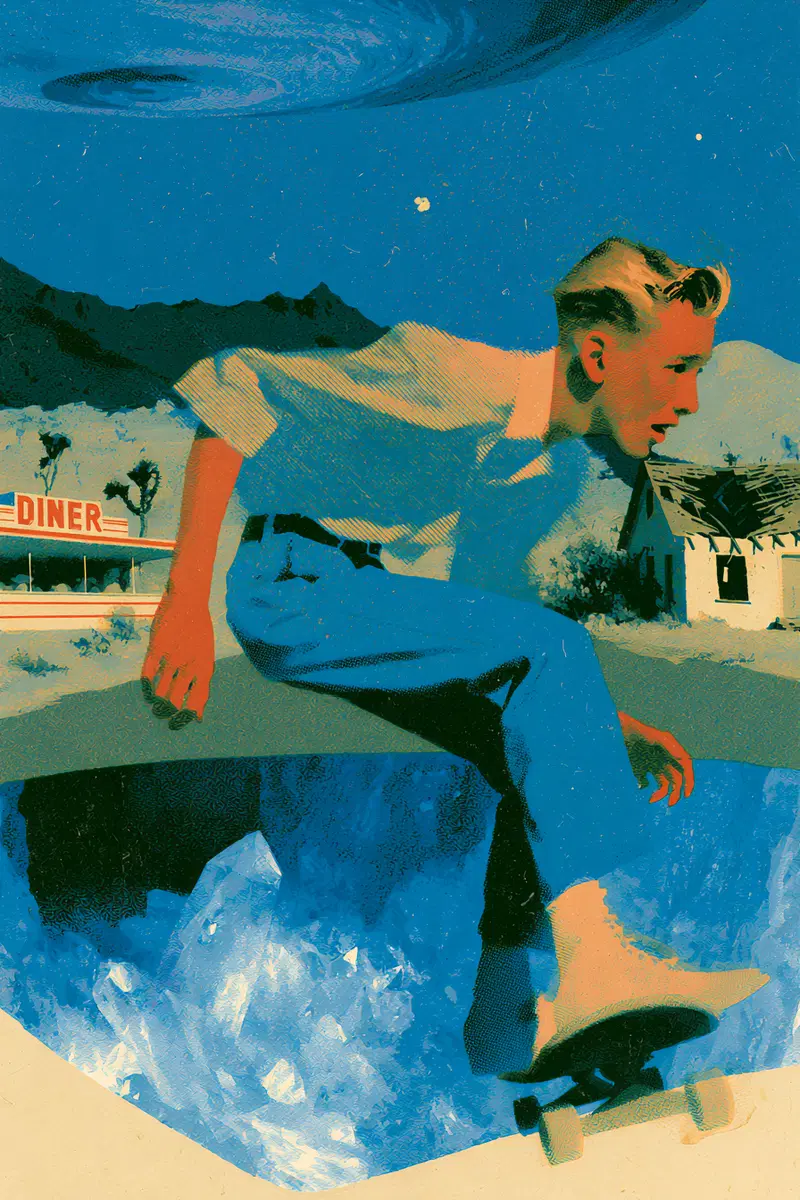 Illustrated Poster of Skateboarding Teen in a Surreal Desert Town