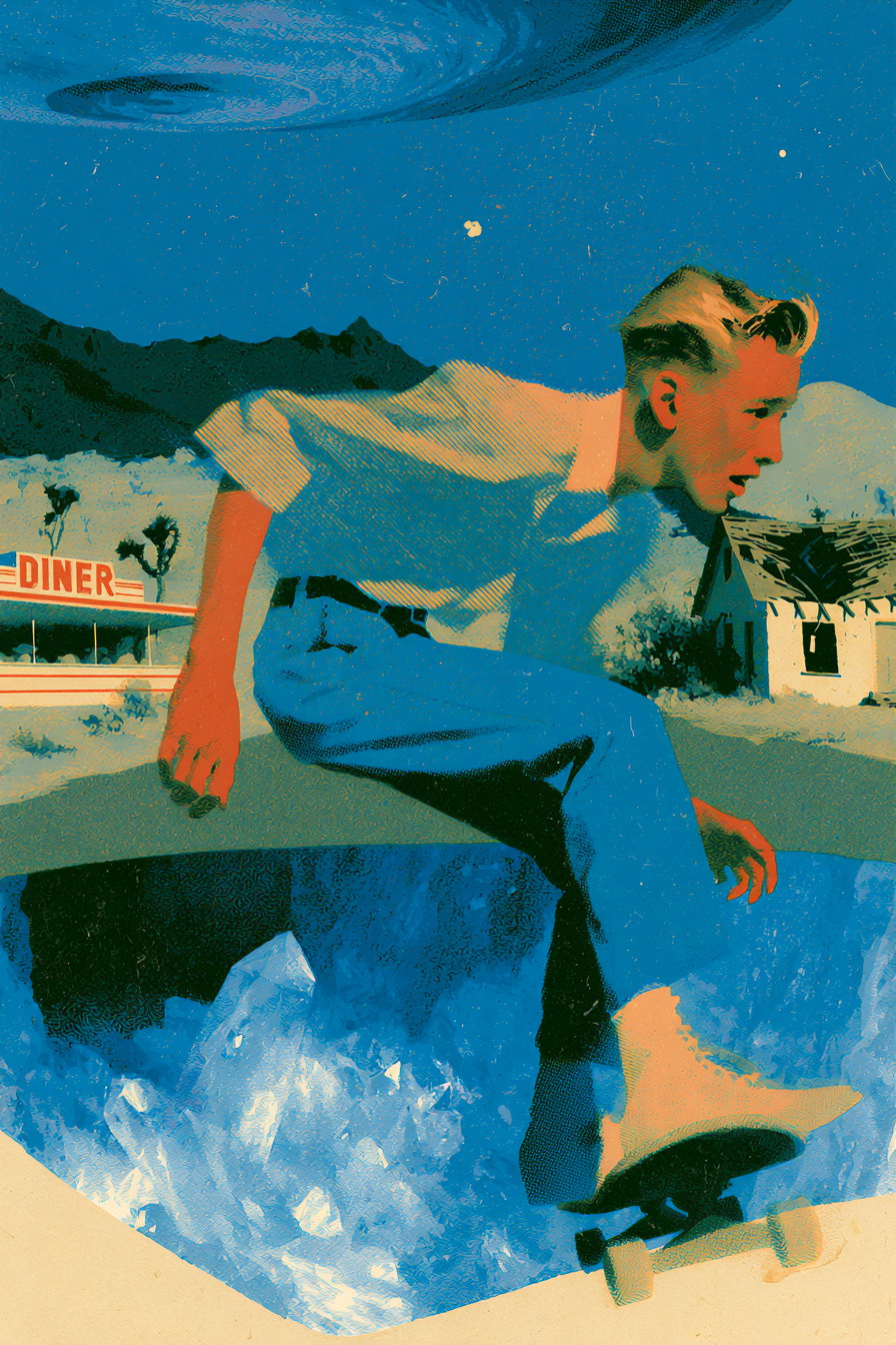 A young man skateboards down a street in a desert town, with a diner and abandoned house in the background. Below him, a large crystal cavern is revealed, and an unusual sky dominates above, suggesting a dreamlike and mysterious atmosphere.