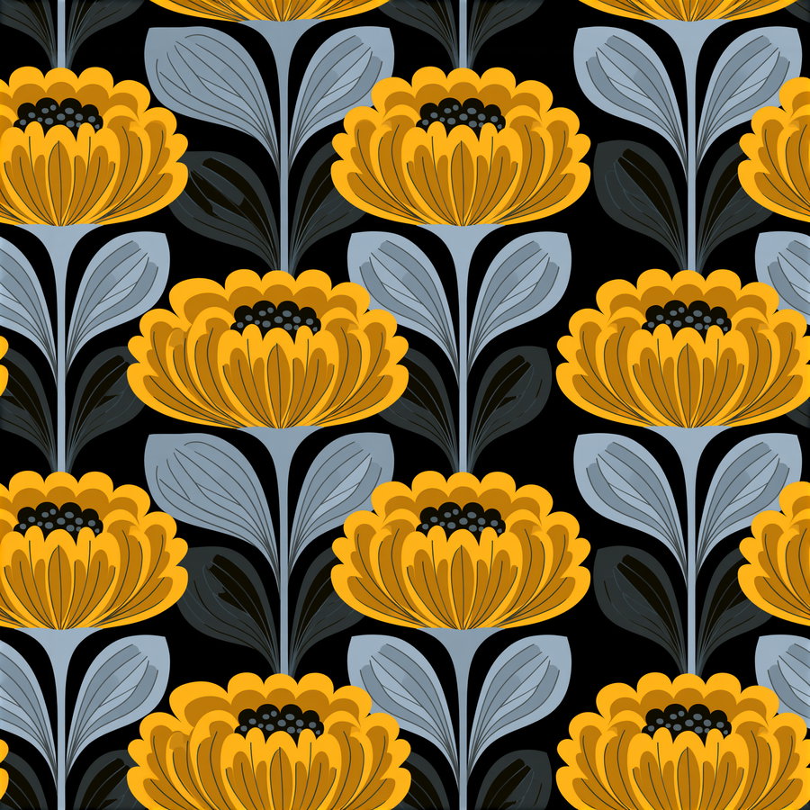 A repeating pattern of evenly spaced yellow flowers with black centers and grey leaves, set against a black background.